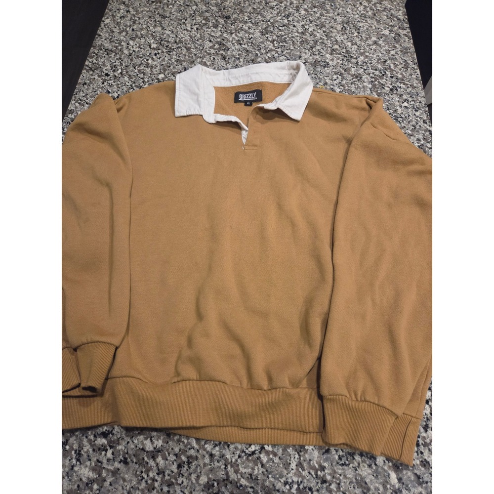 Grizzly Griptape Mens XL Rugby Sweatshirt Camel Brown White Collar Skate‎ Fleece